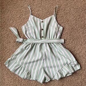 SHEIN Sage Green/White Striped Shorts Romper Button Down Removable Sash Tie